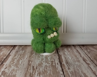Adorable Needle Felted Wool Toothy Monster- Cranky Green