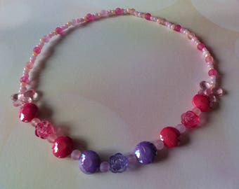 Elastic necklace girl pink and purple flowers
