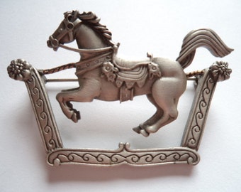 Vintage Signed JJ Silver pewter Merry Go round Horse Brooch/Pin