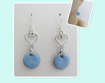Sky Blue Circle Enamel Sterling Silver Heart Earrings