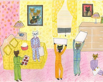 Pajama party. Original watercolor painting by Vivienne Strauss.