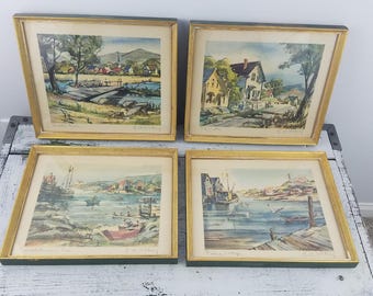 4 Signed Edgar Whitney Watercolor Prints, green, nautical, collectible, educational, artwork, art, decorative, household