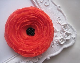 Coral poppy flower brooch