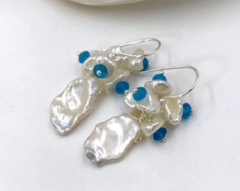 Keishi Pearl Cluster Earrings Wire Wrap Sterling Silver Teal White Pearl Earrings Wedding Jewelry Bridesmaid Earrings Blue Gemstone Cluster