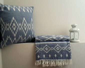 Aztec Blanket Throw and Pillow Cover - Set of 2 - Denim Blue Southwestern Throw - Festival Throw Sham Set - Gypsy Bedding - Cozy Boho Gift