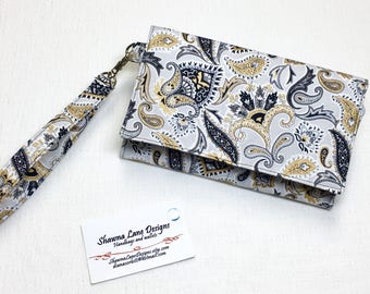 women's cell phone wallet, wristlet, wallet with strap, black gray floral print wallet, small purse, errand runner, smart phone accessory