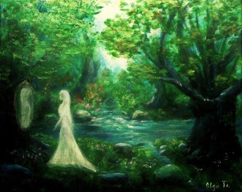 Fantasy art Fairy forest canvas wall art painting holiday gift for sister green decor magic forest unusual picture woman art fairy tale gift