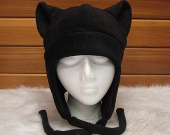 Black Cat Hat - Mens Womens Fleece Kitty Ear Aviator Earflap by Ningen Headwear