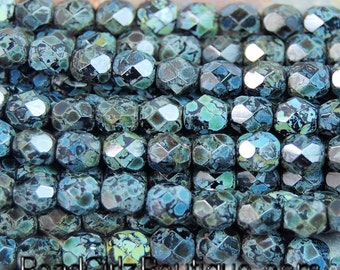 Opaque Jet Picasso Firepolish Czech Glass Faceted Bead 6mm Round - 25 Pc