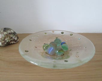 Handmade clear glass dish, spot dot millefiori murrini decoration, shallow glass bowl, tea light holder, spoon rest, candy serving dish,