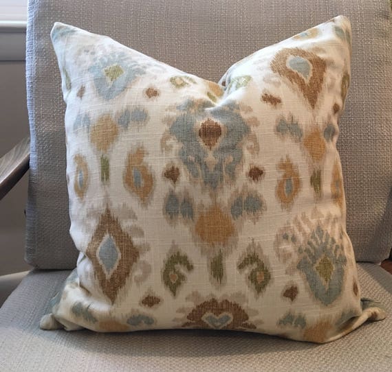 Blue Gold Green Brown and Ivory Ikat Pillow Covers