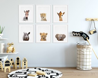 Safari Nursery Decor, Baby Animals Set 6, Lion Zebra Elephant Giraffe, Nursery Prints Modern Animal Art, Safari Animals, Kids Room Printable