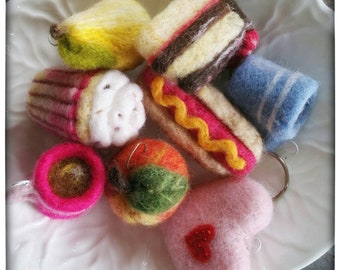 Novelty key rings, needle felted bag charms, cup cake, heart, mugs, cake, hotdog, apple, pear, gifts for teacher, stocking fillers