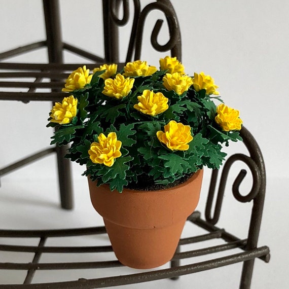 Dollhouse Miniature Yellow Mums in Terra Cotta Pot Artist Made