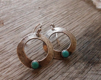 Rustic Sterling Silver & Turquoise Free Form Circle Earrings