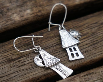 Sterling Silver House Earrings , Silver Dangle Earrings, Sterling Silver Earrings, Nature Earrings, House Earrings, Silver Earrings