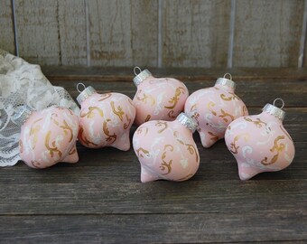 Christmas Ornament, Pink, Gold, White, Hand Painted, Shabby Chic, Christmas Decorations, Christmas Tree Ornament, Painted, Glass, Set of 6