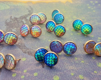 Gold Mermaid Earrings, Mermaid Scales Studs, Mermaid Posts, Mermaid Tail Jewelry, Gold Mermaid Jewellery, Colourful Earrings, Earring Studs
