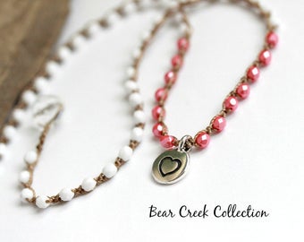 Heart Necklace, Mother’s Day, Silver Heart Charm, White, Strawberry Pink Glass, Crochet Jewelry, Gift for Her, Bohemian Necklace