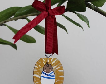 Baby Jesus in the Manger Wooden Christmas Tree Ornament; Personalized