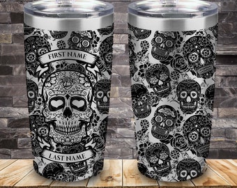 Laser Engraved tumber Black Sugar Skull with Name, 20 Ounce