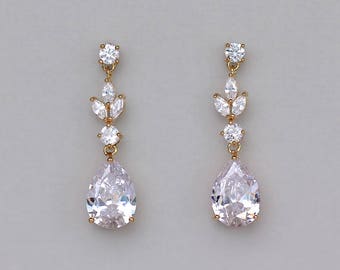 Gold Bridal Earrings, Gold Wedding Earrings, Teardrop Earrings, Crystal Bridal Earrings, ASHLEY GC
