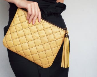 Leather clutch bag yellow. Evening clutch purse. Quilted leather clutch handbag.