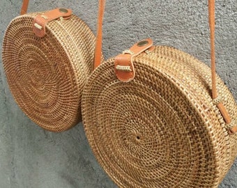 Womens Round Straw Bag. Woven straw bag. Round Rattan Bag