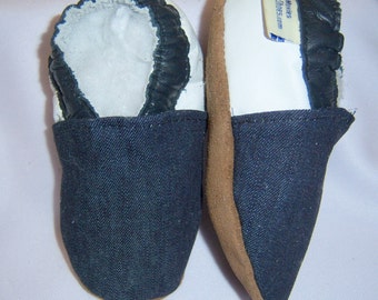 denim moccasins, Moxies soft soled leather baby shoes denim white with navy trim
