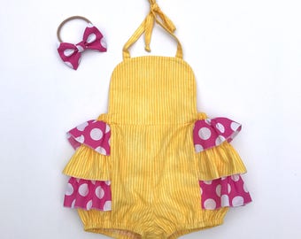 Ruffled baby romper, polkadot ruffled romper, sunshine birthday baby outfit, yellow pink bubble sunsuit, toddler ruffled romper, polkadot