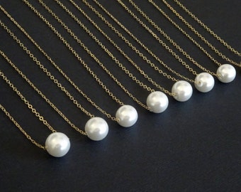 Pearl necklace, floating pearl necklace, single pearl necklace, Bridesmaid necklace, 6mm, 8 mm, 10 mm Pearl, Wedding Jewelry