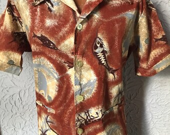 60s Vintage Men's Barkcloth Tropical Cabana Shirt large