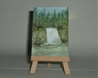 aceo miniature art painting waterfall (ref E144)