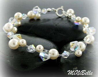 Multi Strand Cream Swarovski Pearl Illusion Crystal Floating Bridal Bracelet