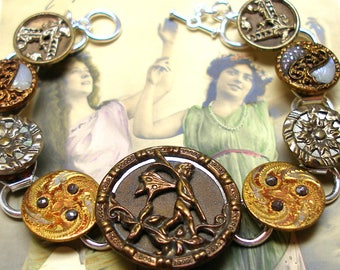 Antique BUTTON gold bracelet, Victorian FAIRY with flowers on silver. 7.5" jewellery.