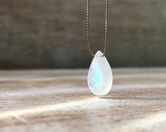 Rainbow Moonstone Necklace, Moonstone Drop Pendant, Floating Stone Necklace, Gift for wife, Gift for girlfriend, Mothers Day Gift for Mother
