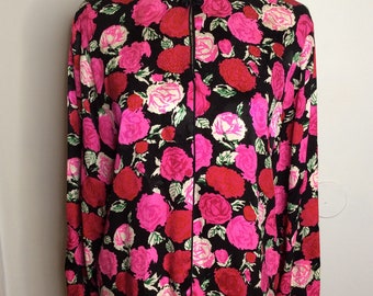 Vintage Flora Kung New York Keyhole Floral Red And Pink Rose Carnation 100% Silk Top Blouse Long Sleeve SZ 10