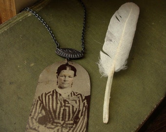 OOAK Victorian Tintype and Dark Brass Necklace - The Striped Matron