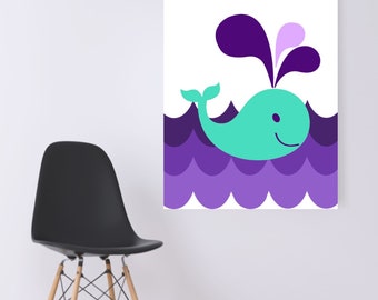 DIGITAL WALL ART- Nautical Creatures- Turquoise Whale On Purple Waves