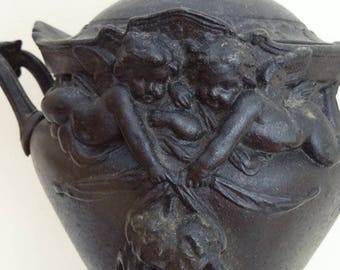 RARE Victorian Metal Urn - Ornate Scrolls with Cherubs Holding the Masks of Comedy and Tragedy