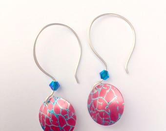 Red or purple anodised aluminium and silver earrings with Swarovski crystal anodized jewelry jewellery
