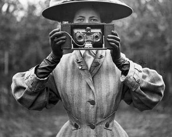 Vintage photo camera woman photographer taking pictures antique photograph 1900s PRINT gift for photographer