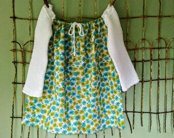 Drawstring Peasant Top with Knitted Three Quarter Length Sleeves