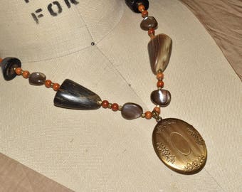 Boho Locket Shell Horn Brass Assemblage Necklace