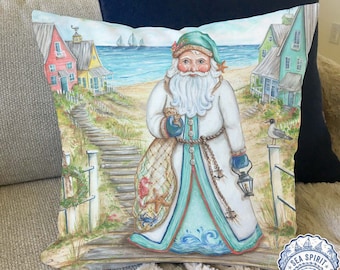 Coastal Santa Claus decor | Coastal Christmas pillow cover | coastal decor | beach Christmas decor | Beach house gift | Kate McRostie
