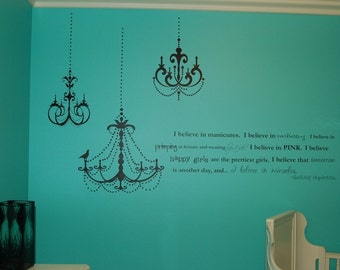 3 chandeliers and Audrey Hepburn quote