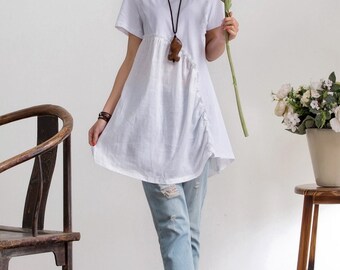 Sale-Loose Fitting Linen and cotton Shirt Blouse for Women - Short sleeved - Women Clothing (R)