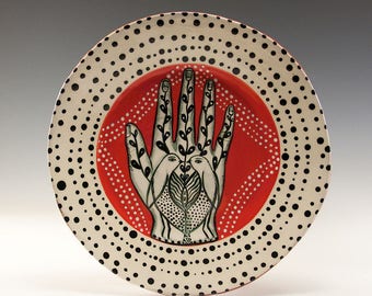 Dessert Plate - Painting by Jenny Mendes on a round ceramic dessert plate - Birds in Hand