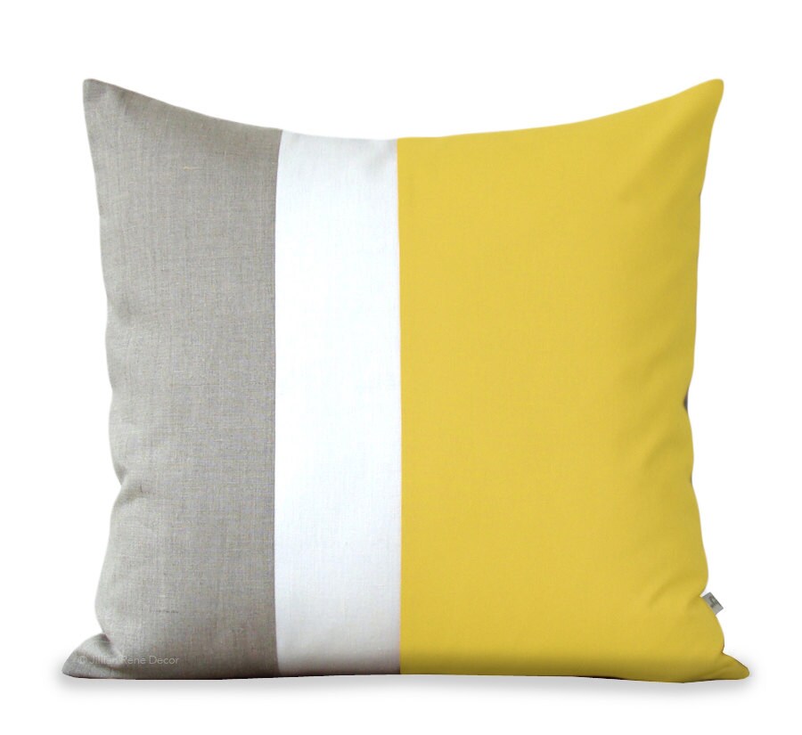 Lemon Yellow Color Block Pillow with Cream and Natural Linen