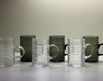 Set of Six Tankard Beer Mug, Drinking Jug Stein, Rustica Pattern, Scandinavian Design Glass, Kaj Franck, Iittala Nuutajarvi Mid-Century Art